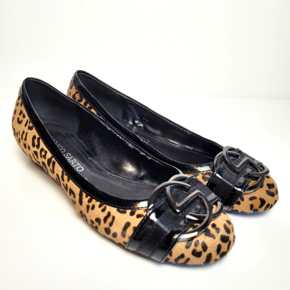 FRANCO SARTO CAJUN CHEETAH PRINT CALF FUR ROUND TOE BUCKLED FLATS 6.5M